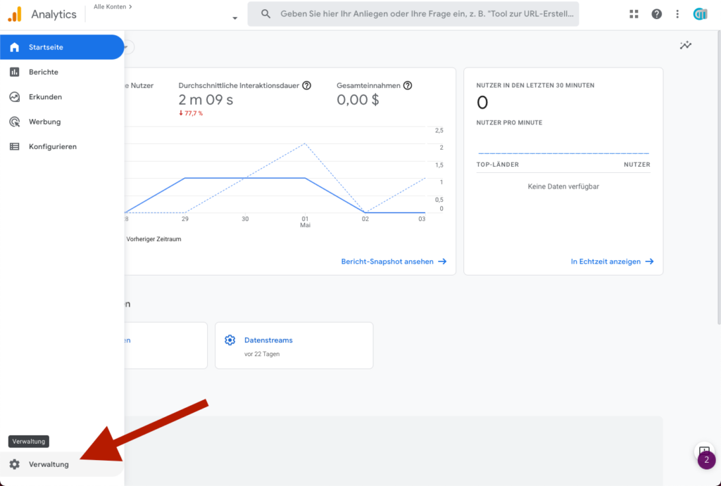 1. in google analytics einloggen und auf einstellungen öffnen klicken