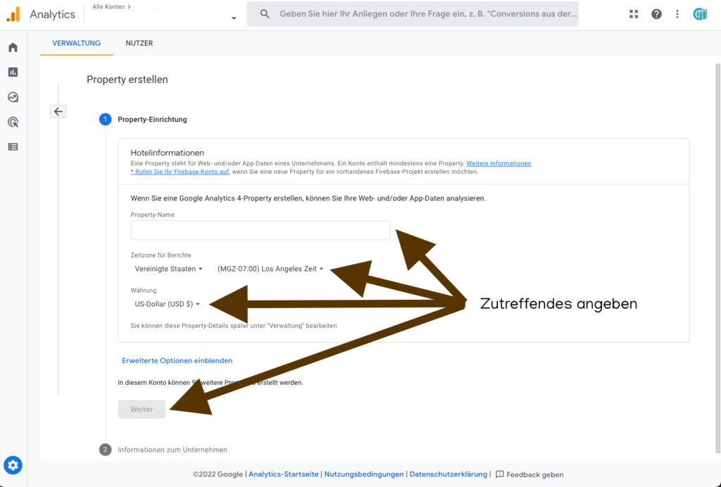 3. die richtigen werte in den einstellungen des properties im google analytics eingeben