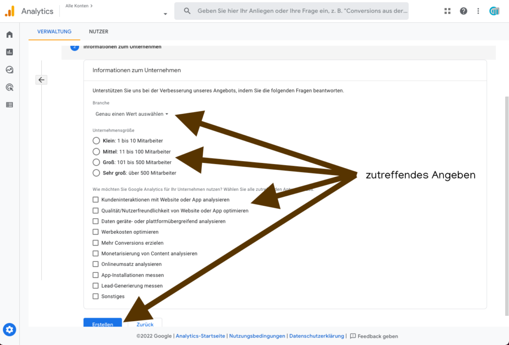 4. unternehmensangaben bewusst und richtig eintragen damit google mit google analytics richtig interagieren kann