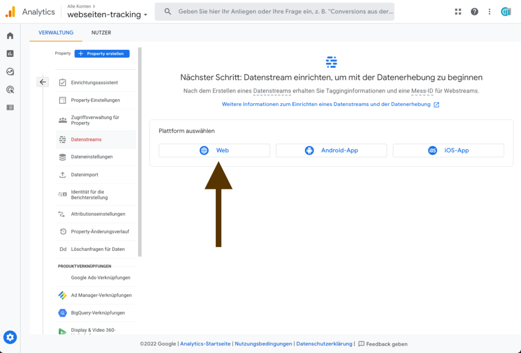 5. wählen sie die richtige plattform (Web, Apple I-OS, Google Android) aus auf welcher der tracking-code verwendet wird