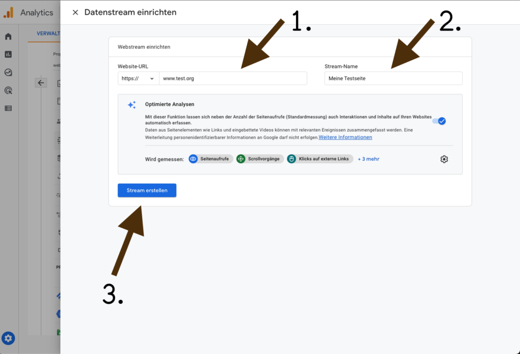 6. Stream bzw. Tracking-Code erstellen um GA4 in Google Analytics richtig verwenden zu können