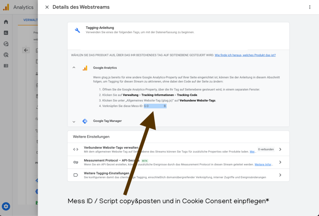 7. Script in Cookie Consent auf Webseite einfügen oder Tracking-ID einfügen - Google Analytics