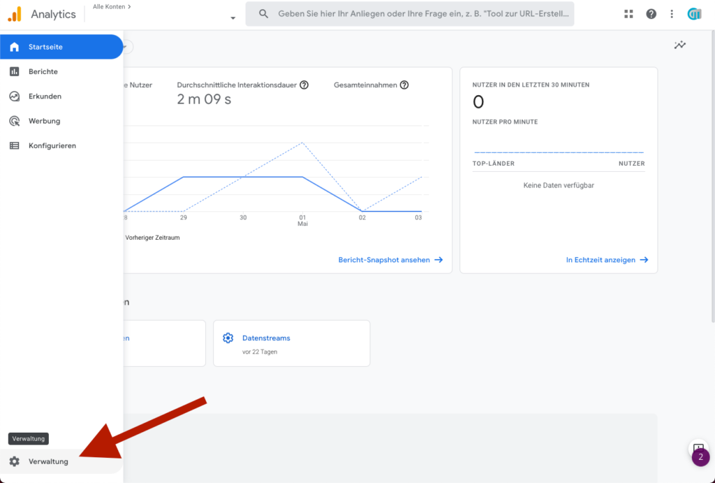 1. Wie man einen neuen Benutzer in Google Analytics erstellt - auf verwaltung klicken