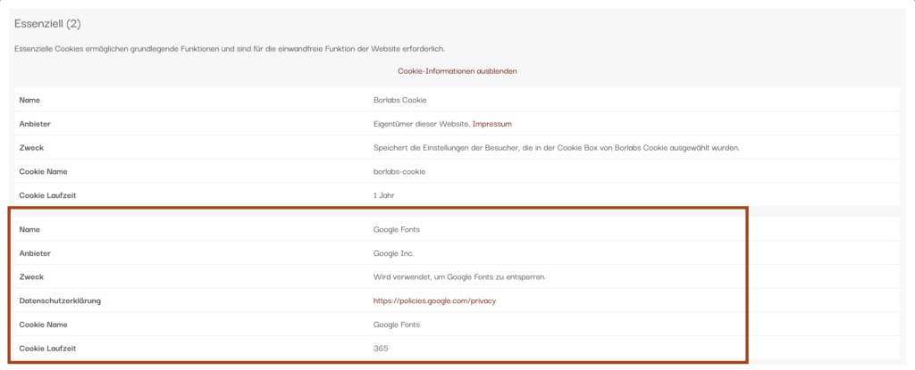 Wenn alles richtig definiert wurde ist nun unter Essenziell der Cookie für Google Fonts auf der Webseite einsehbar - geld und nerven sparen und google fonts abmahnungen vermeiden